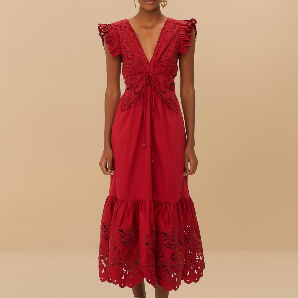 FARM Rio Red Midi Dress with Lace Details